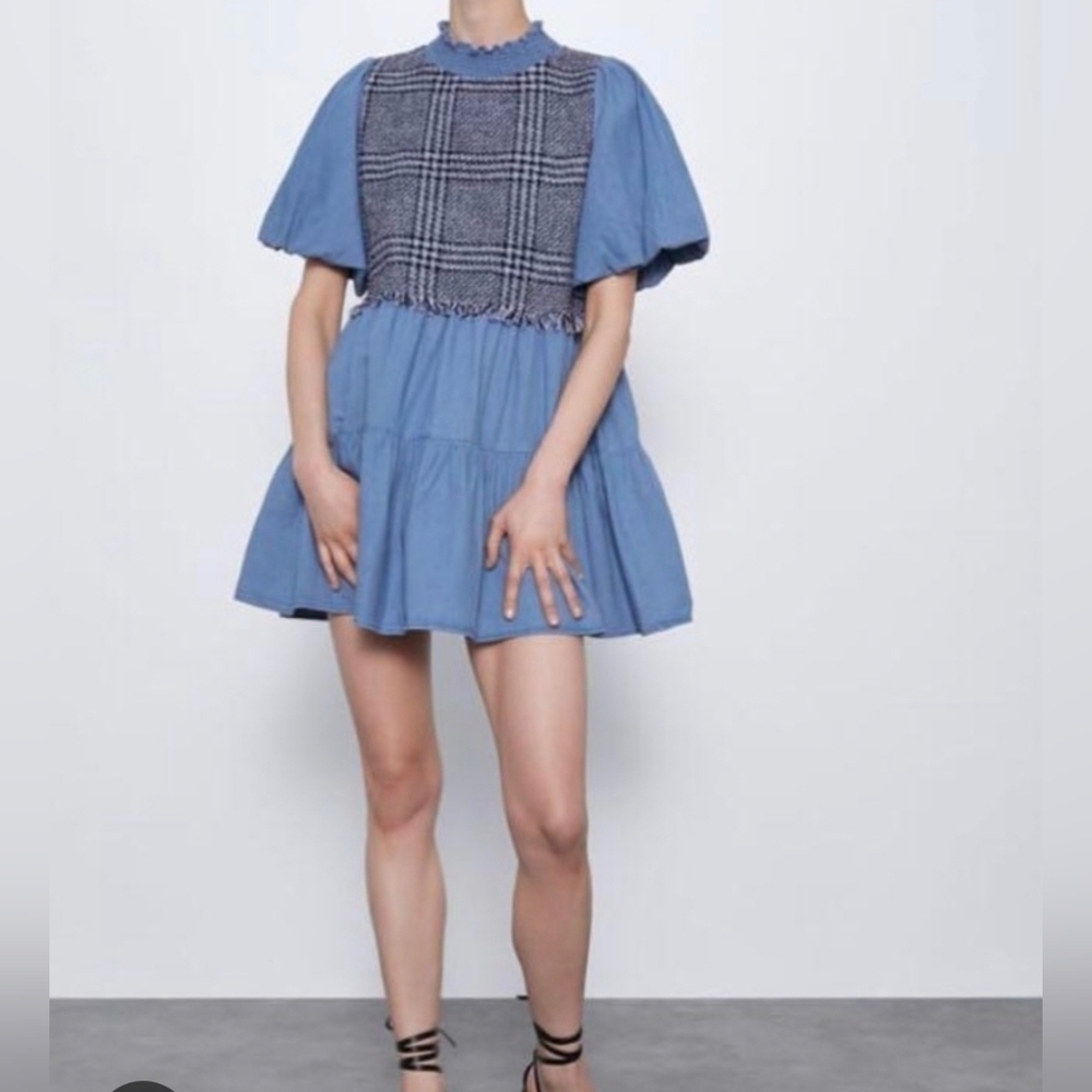 Zara Nwt Chambray Tweed A-Line Smocked Neck Puff Short Sleeve Sz Small